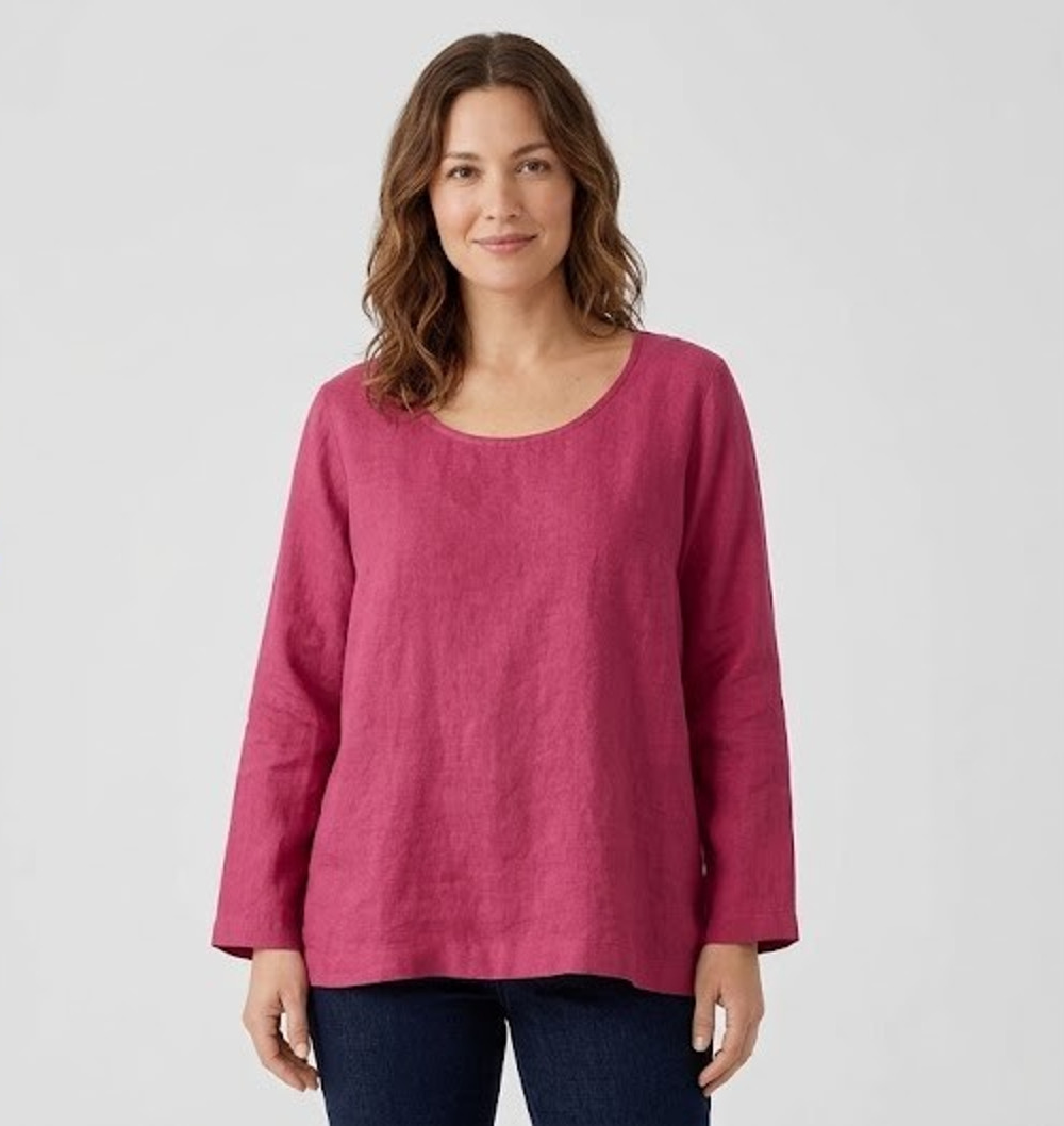 Flax 100% Linen Scoop Neck Pullover Top Pink Raspberry Large New